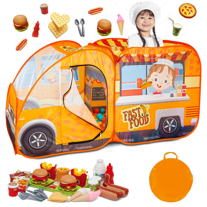 Kiddzery Food Truck Play Tent - 54 Pc. Food Set Pop Up Playhouse - Pretend Play Toys for Toddlers - Ball Pit Playset - Indoor & Outdoor Toy Tents