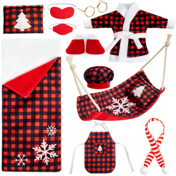 JOYIN 11 PCS Sleeping Bag Christmas Accessory for Doll Include Christmas Sleeping Bag, Apron Hat Bathrobes Shoes Hammock Eye Mask Face Mask Scarf