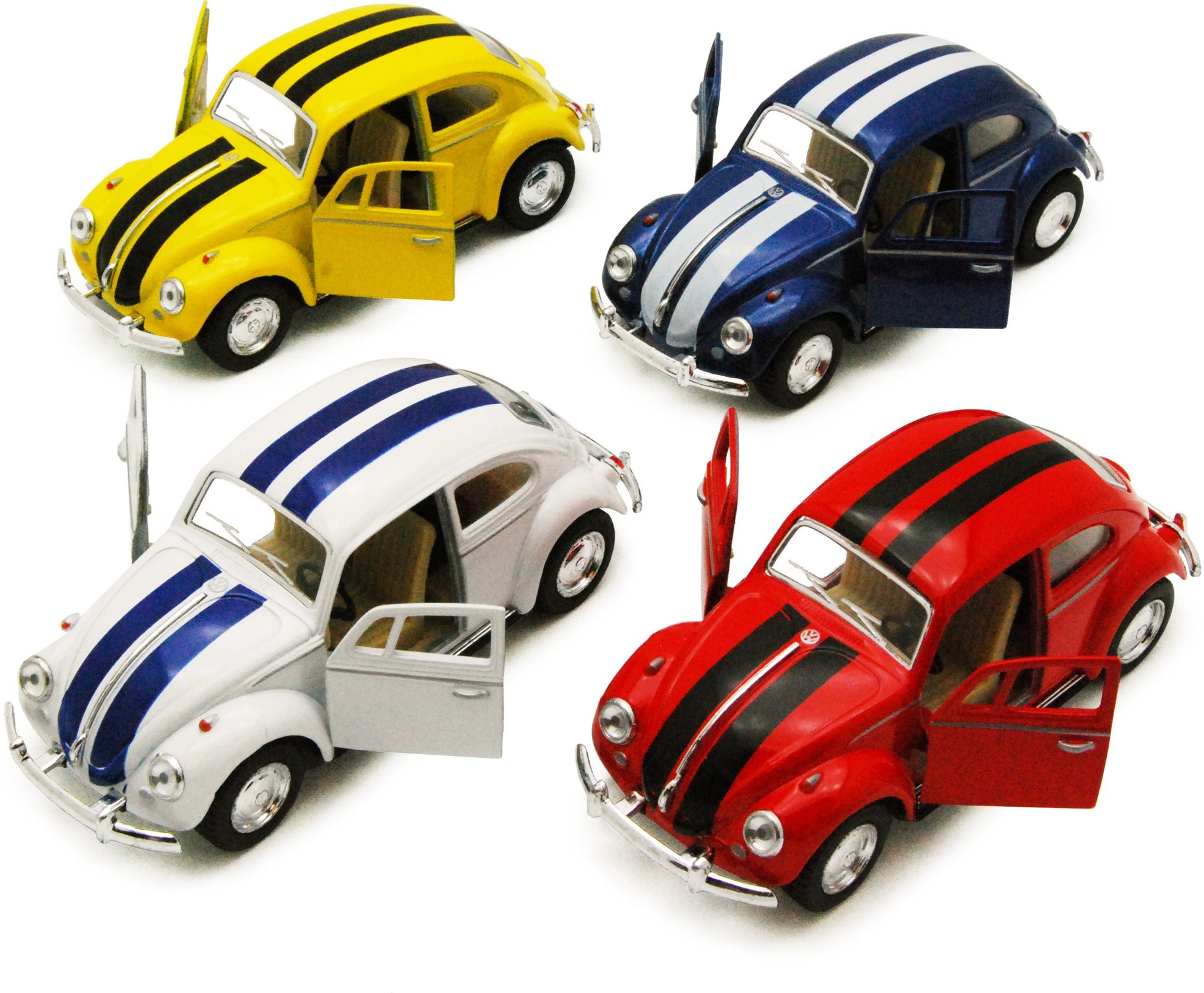 KiNSMART - 1967 Volkswagen Classic Beetle 5 Inch 1:32 Scale Die Cast Metal Model Toy Set Of 4 w/ Racing Strips