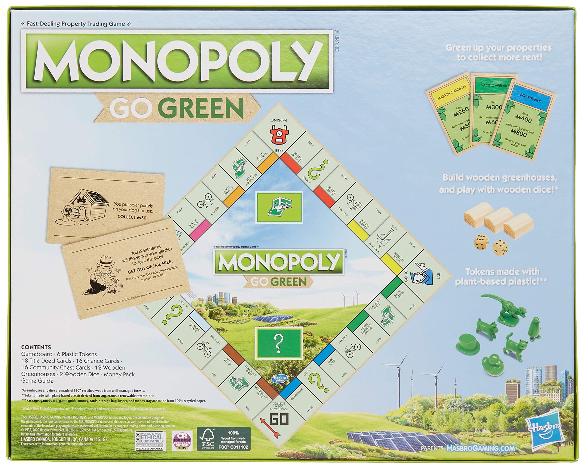 Hasbro Gaming Monopoly: Go Green Edition Board Game | Made with 100% Recycled Paper Parts and Plant-Based Plastic Tokens | Family Board Games | Ages 8