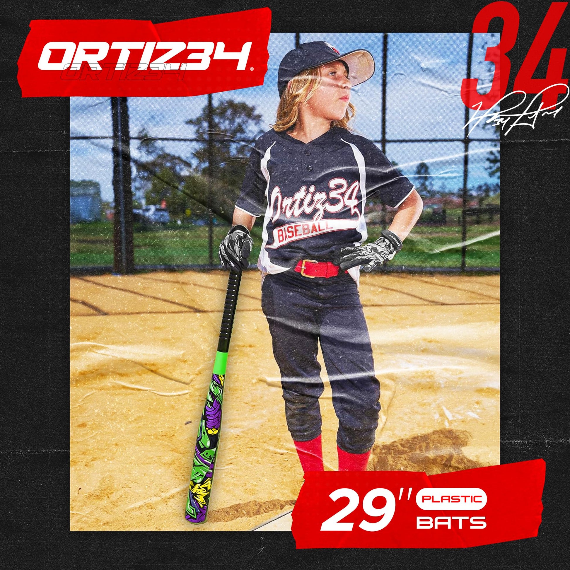 Ortiz34 Grand Slam Set- Graffiti Plastic Bat, 3 Balls, 4 Throw Down (Green/Purple)