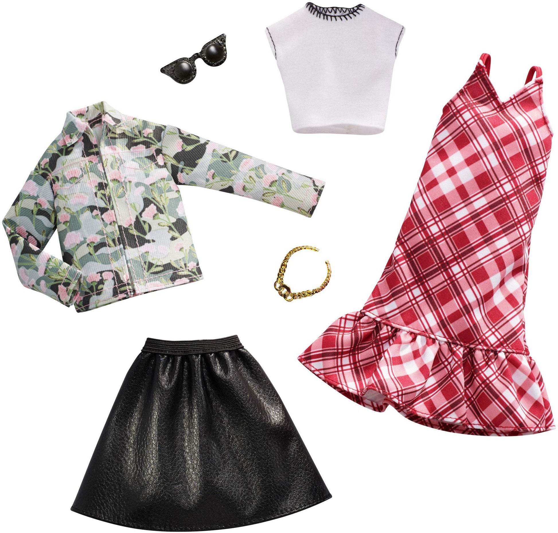 Barbie Clothes - 2 Outfits Doll Include Floral Denim Jacket and Leathery Black Skirt, Gift for 3 to 8 Year Olds