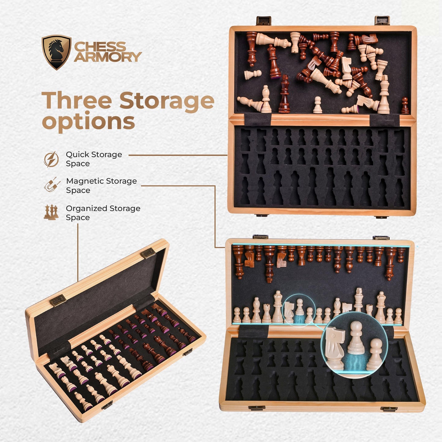 15 Inch Magnetic Wooden Chess Set for Adults & Kids - Folding Travel Chess Board with Handcrafted Staunton Pieces, Extra Queens, and Storage Slots