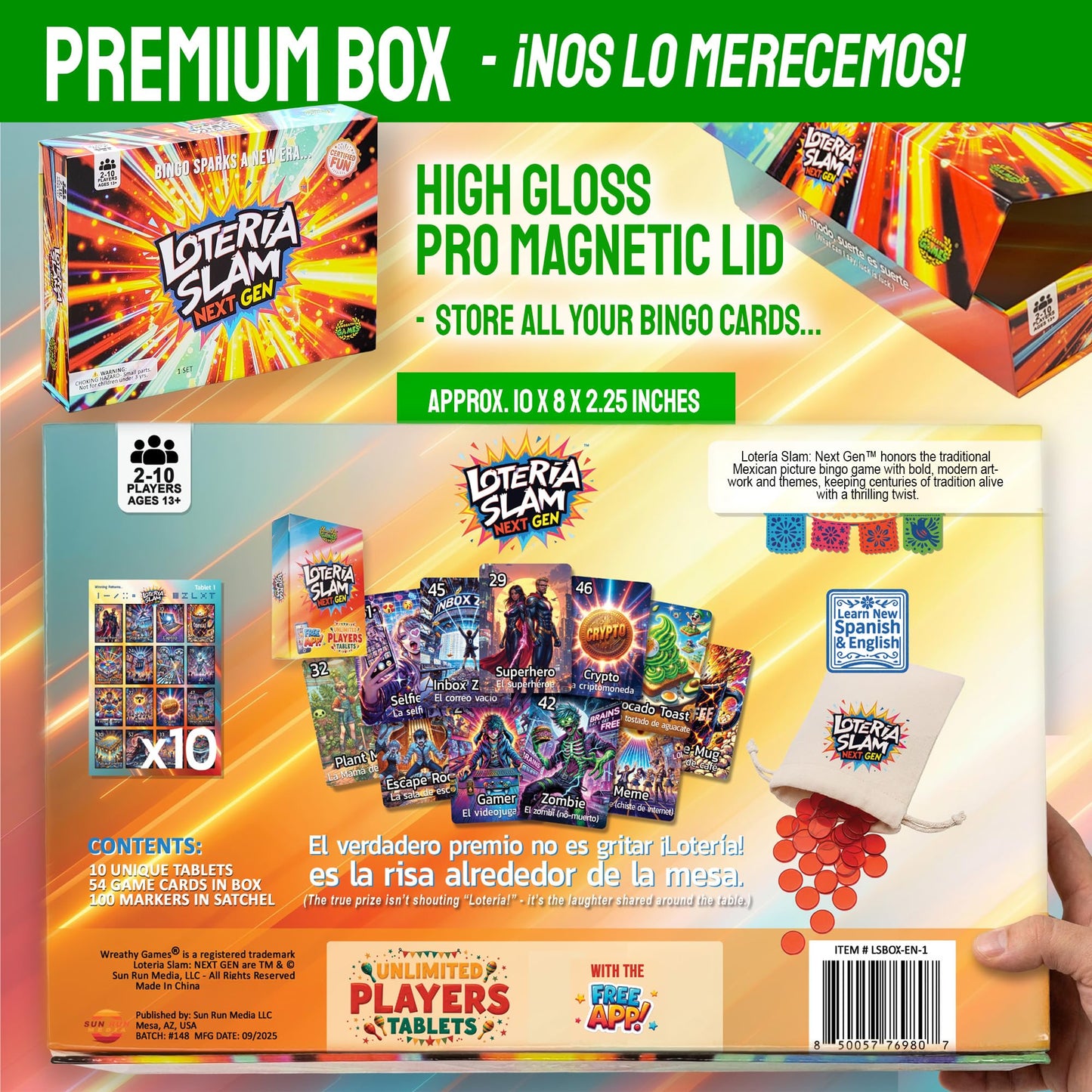 Wreathy Games Lotería Slam Next Gen - Premium Mexican Bingo Card Game, 55 Card Deck, Deluxe Gamebox, Satchel with 100 Tokens, 10 Tablets, Champion's