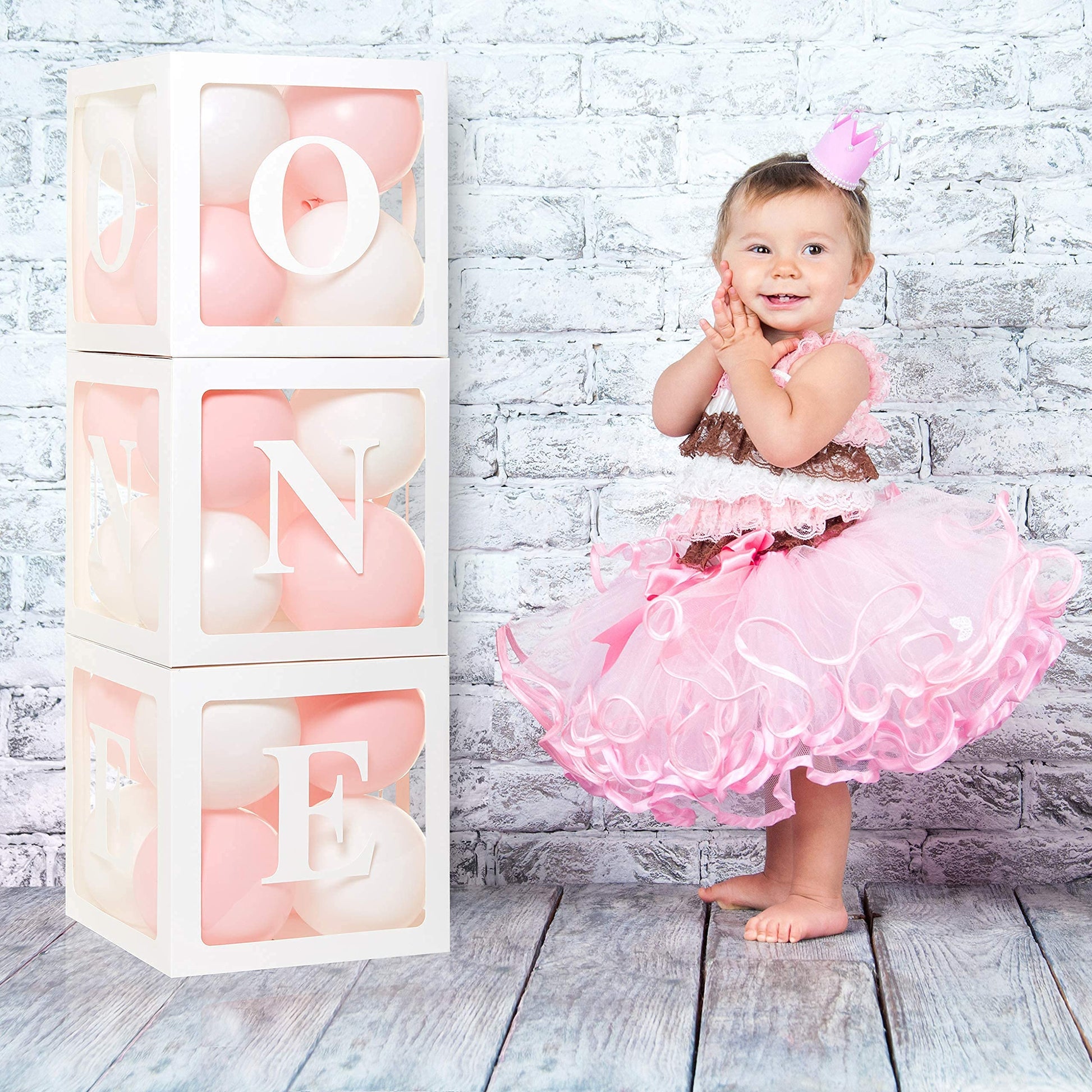 First Birthday Decorations Balloon 'ONE' Boxes for Baby Girl - 24 Balloons - Baby 1st Birthday Girl Decoration, Clear Cube Blocks 'ONE' Letters as