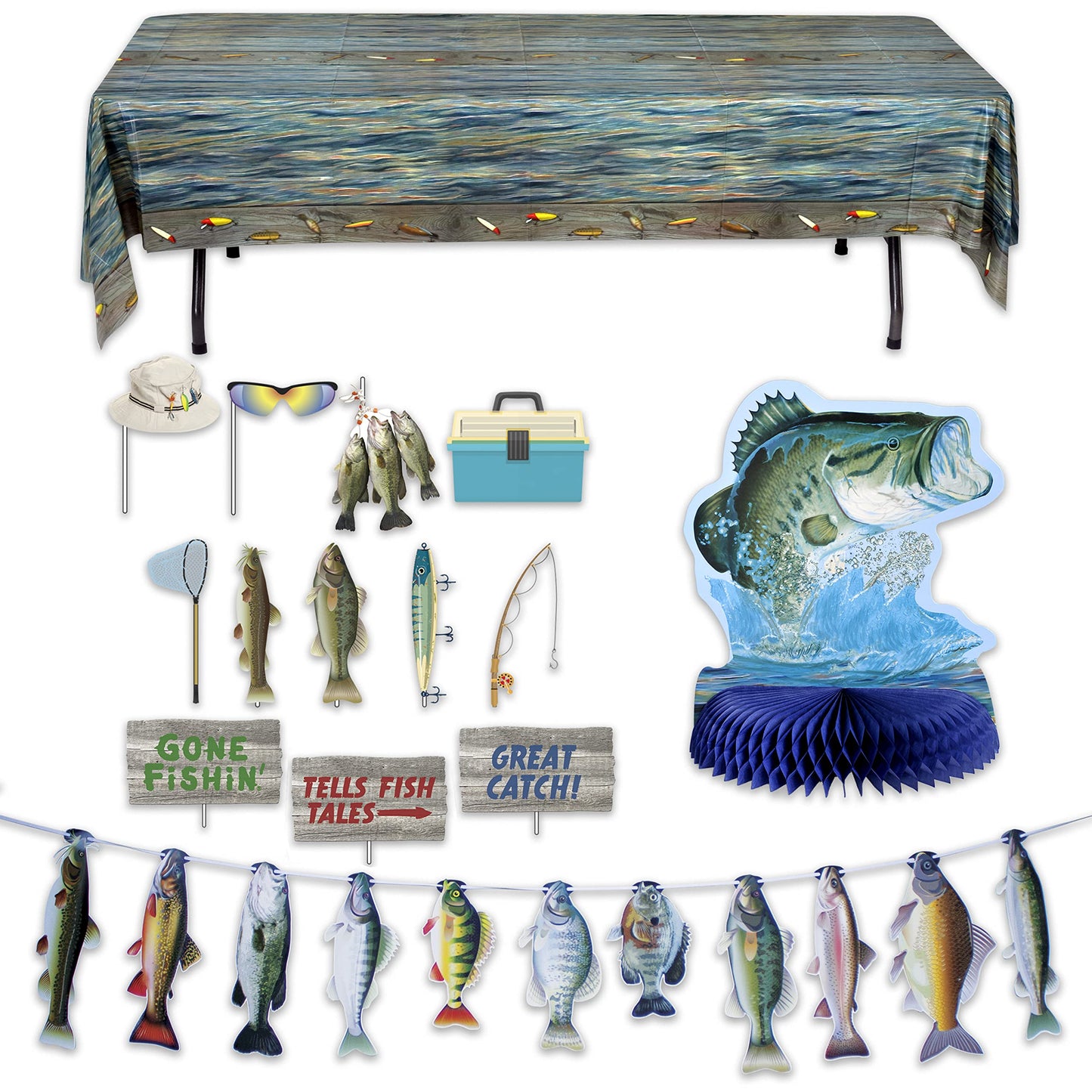 Havercamp Fishing Party Decorations Kit! Includes:1 Lg. Bass Centerpiece, 1 String of Fish Banner, 12 Fun Photo Props, and 1 Plastic Reusable