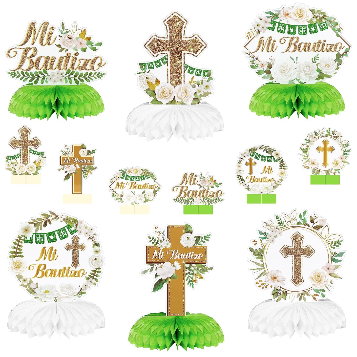 FFyhiinski Floral Honeycomb Table Centerpieces for Mi Bautizo Party- 12 Cross Green Baptism Table Toppers Decorations for First Confirmation