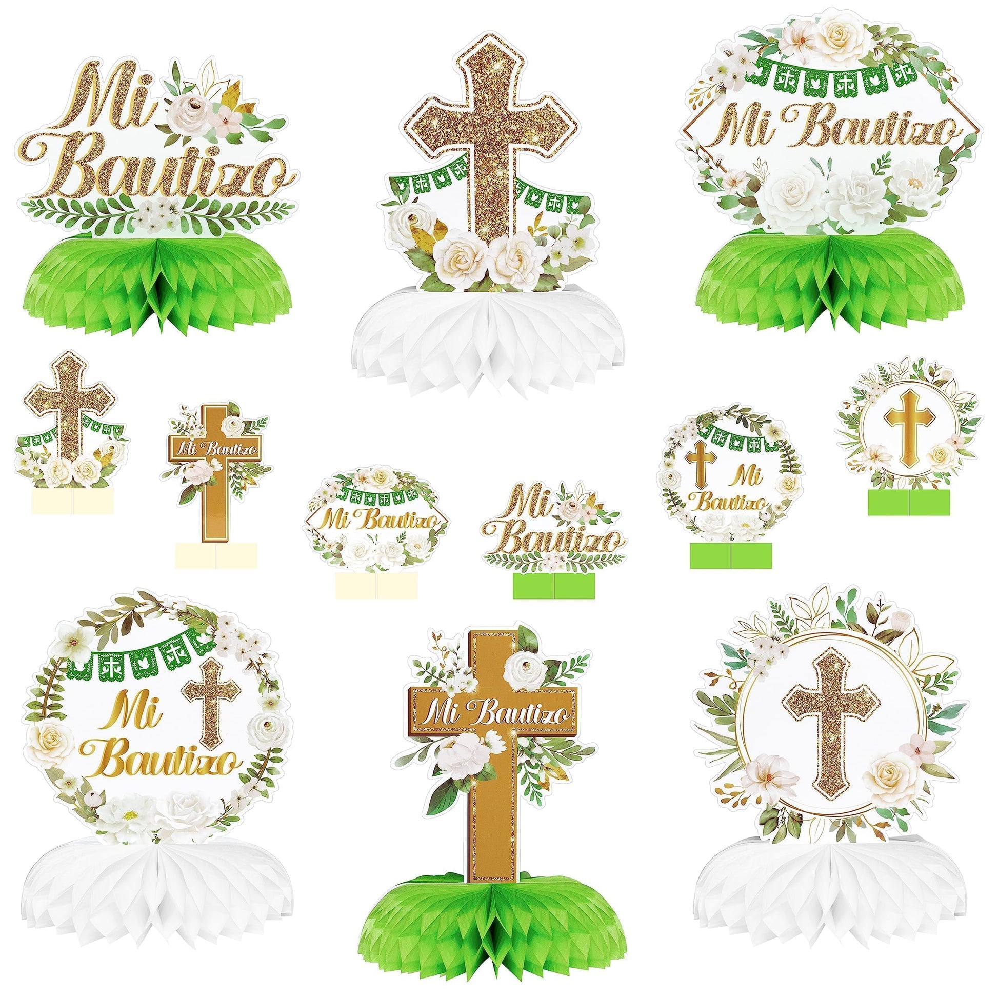 FFyhiinski Floral Honeycomb Table Centerpieces for Mi Bautizo Party- 12 Cross Green Baptism Table Toppers Decorations for First Confirmation