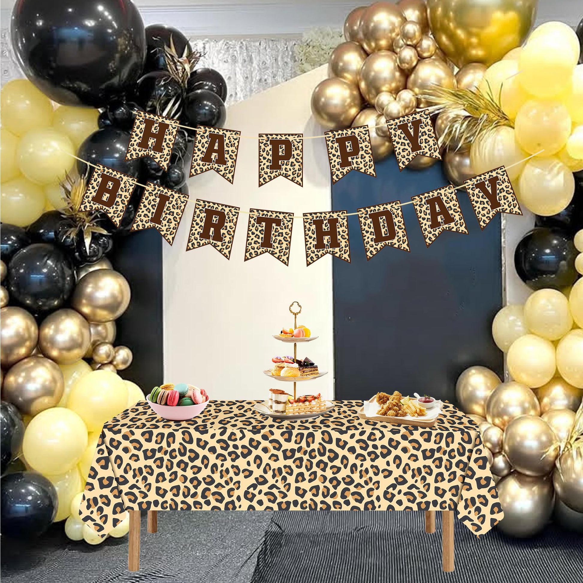 Leopard Party Decorations Cheetah Happy Birthday Banner Cheetah Theme Balloons Leopard Print Tablecloth for Safari Wild Birthday Party Supplies (Gold