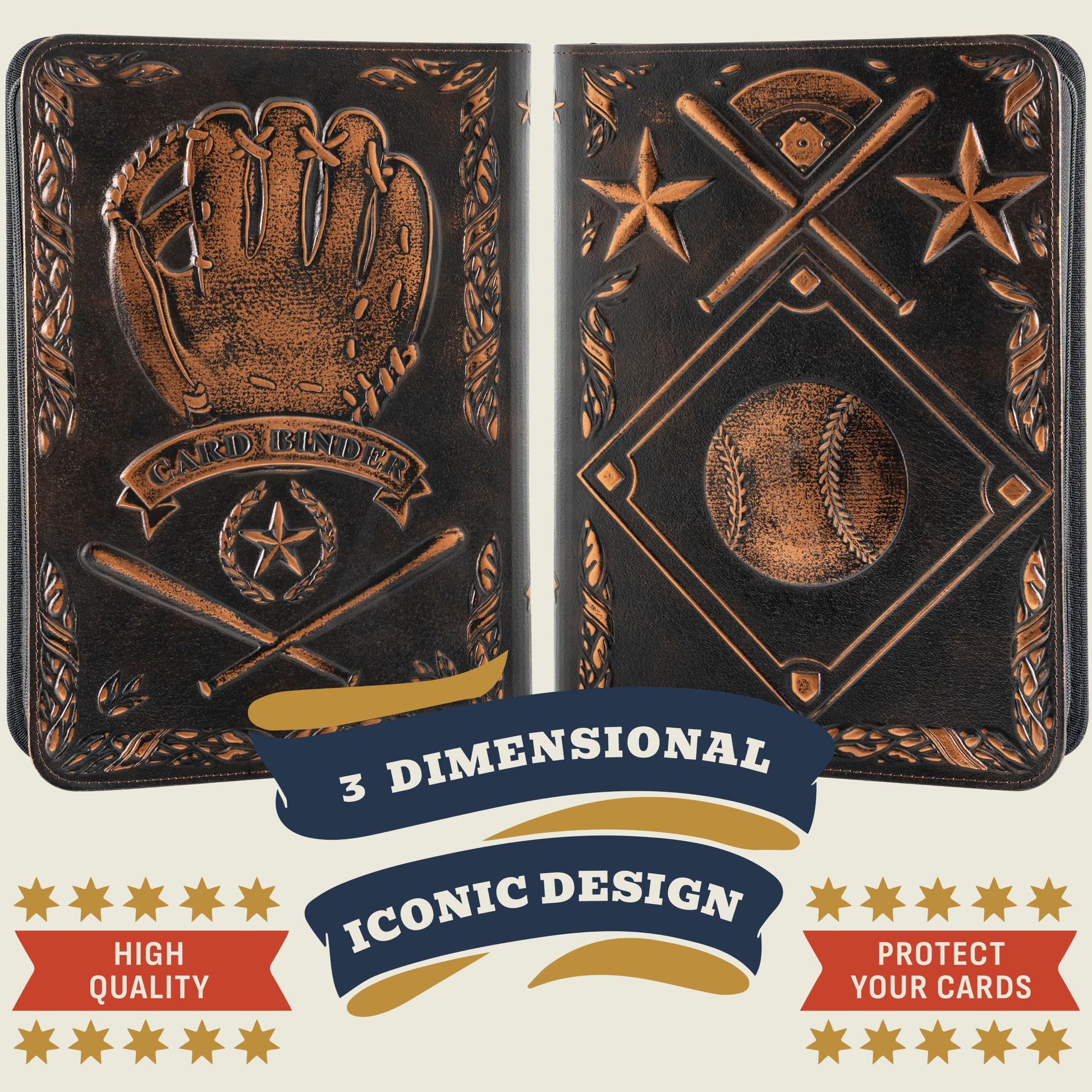 Baseball Card Binder - Stunning 3D Raised & Hand Colorwashed PU Leather Binder - 9 Pocket Album w Zipper - 360 Side Loading Sleeves Book for Baseball