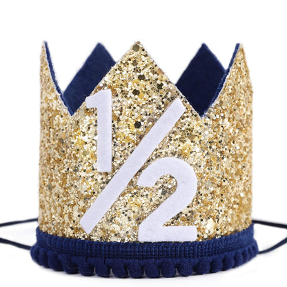 WAHAWU Navy Blue Half Birthday Party Crown - 1/2 Golden Birthday Party Hat, Happy Birthday Crown for Kids, Party Photo Prop, Party Decorations