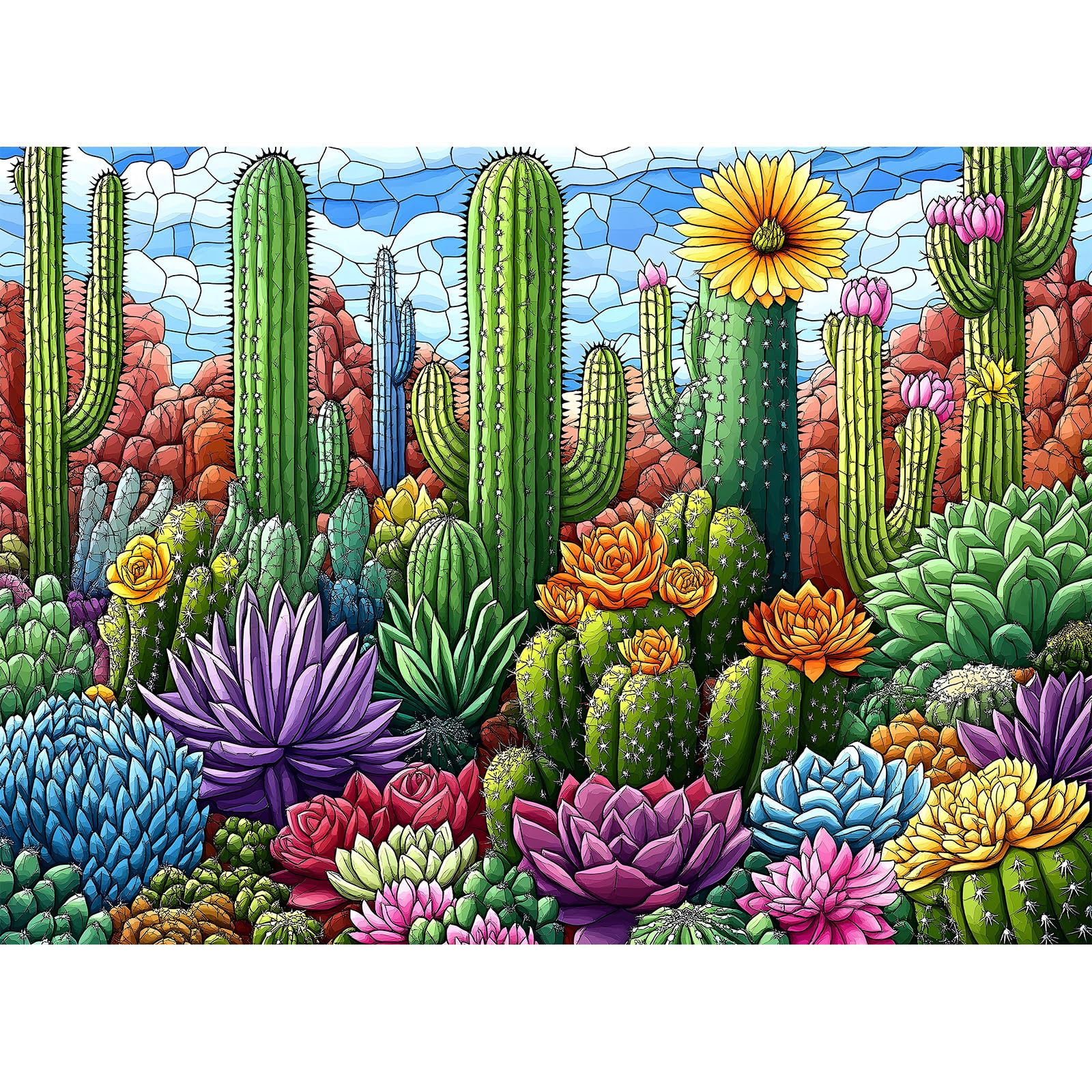 Puzzles for Adults 500 Pieces, Stained Glass Jigsaw Puzzles 500 Pieces - Cactus Garden, Cactus Wall Art Puzzle for Families, Finished Size 20.47 *