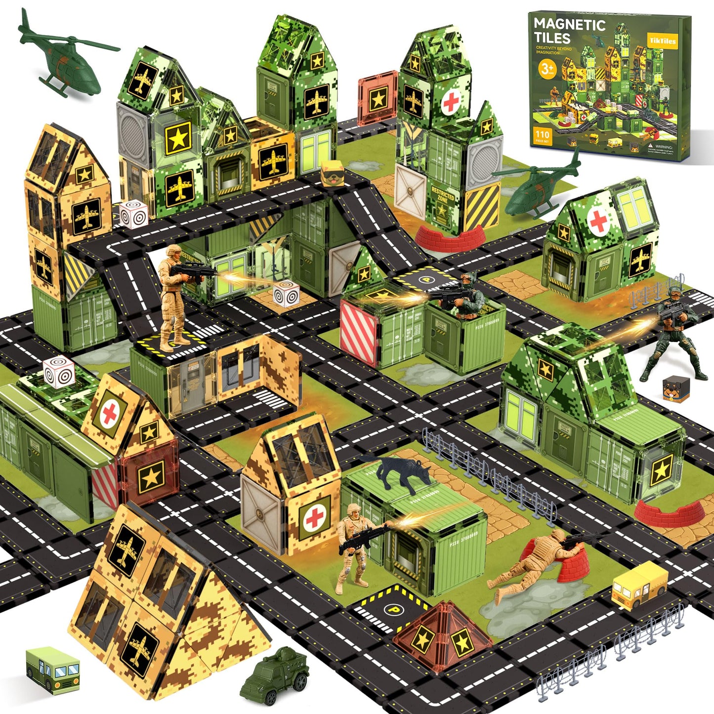 Magnetic Tiles Road Building Toys Set with Magnetic Blocks and Army Toys Accessories, Military Magnetic Blocks for Kids Ages 3-5 4-8, STEM Educational