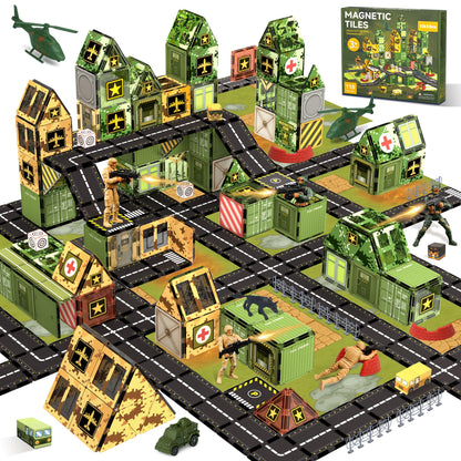 Magnetic Tiles Road Building Toys Set with Magnetic Blocks and Army Toys Accessories, Military Magnetic Blocks for Kids Ages 3-5 4-8, STEM Educational