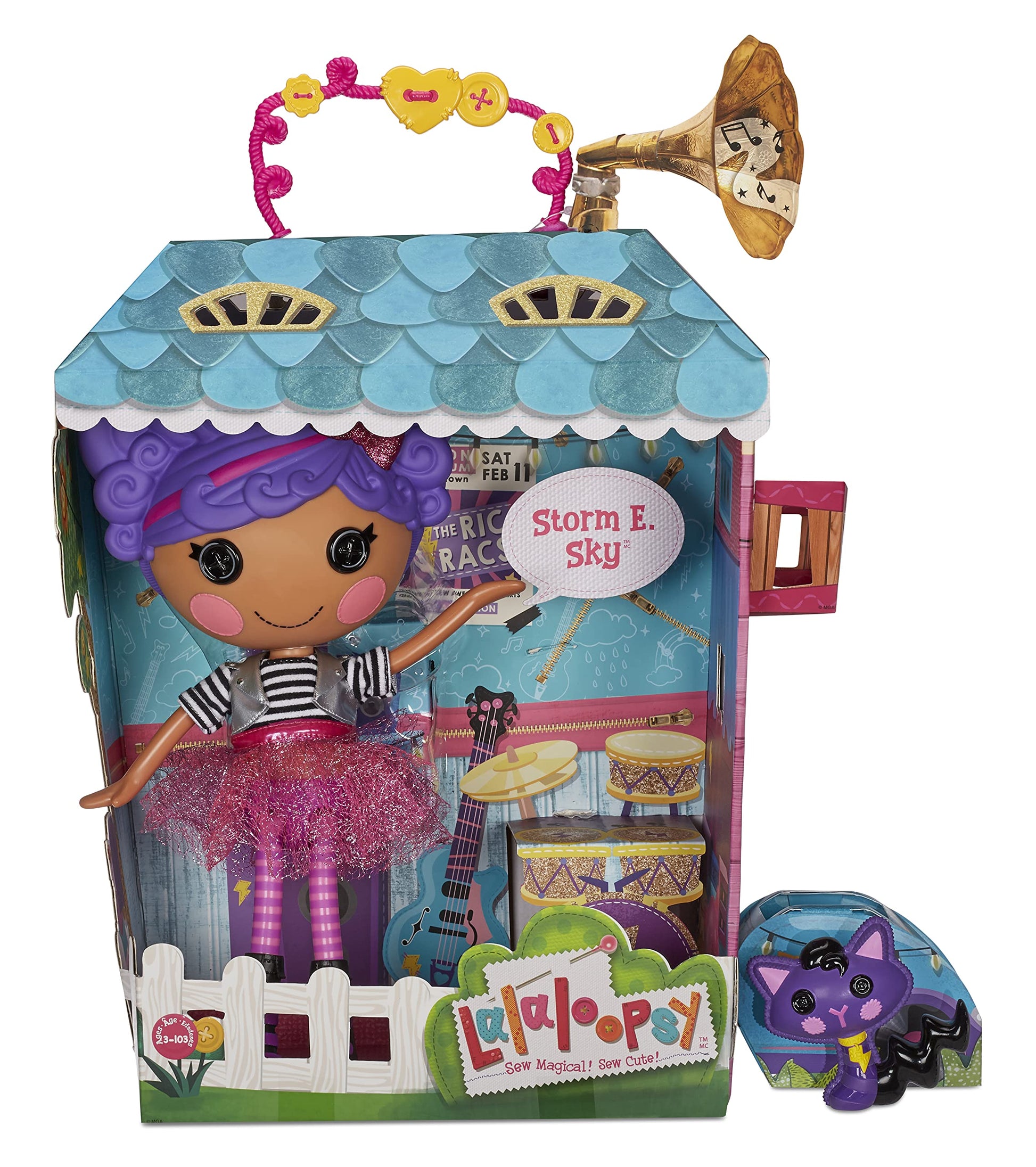 Lalaloopsy Doll- Storm E. Sky and Cool Cat, 13" Rocker Musician Doll with Purple Hair, Pink/Black Outfit & Accessories, Reusable House Playset- Gifts