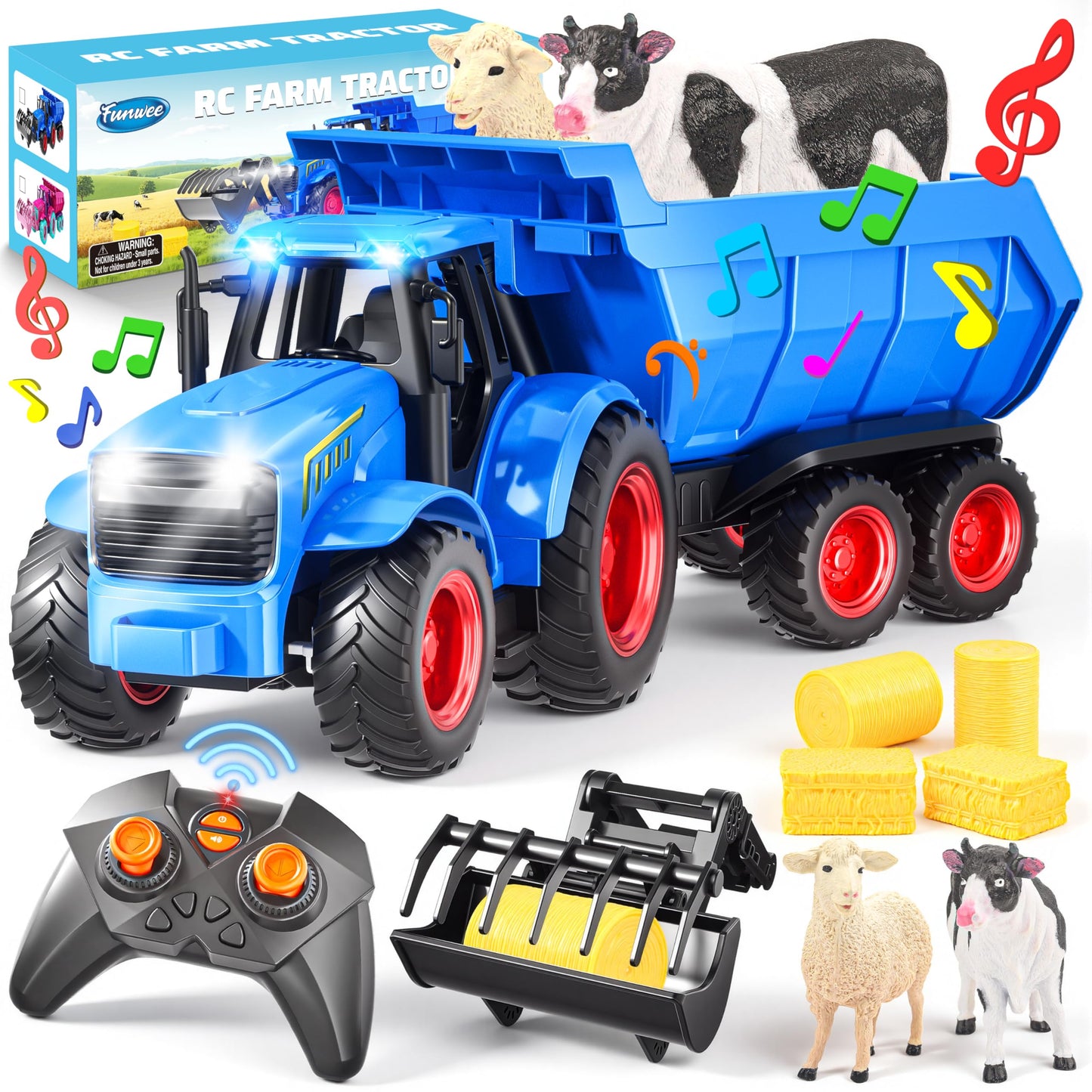 Funwee RC Tractor Toy Set with Light & Sound, Kids Farm Car Animal Trailer Wheels Remote Truck, Outdoor Vehicle Toys for 3-7+ Years Old Toddler Boy