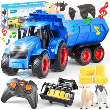 Funwee RC Tractor Toy Set with Light & Sound, Kids Farm Car Animal Trailer Wheels Remote Truck, Outdoor Vehicle Toys for 3-7+ Years Old Toddler Boy