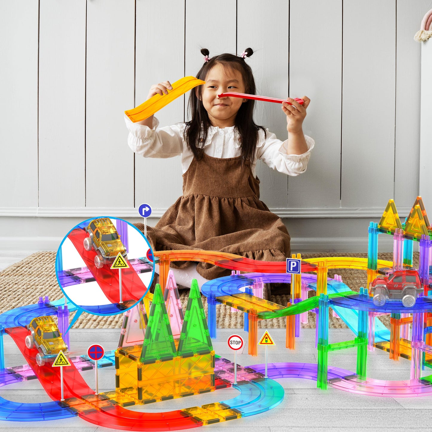 PicassoTiles 6 Piece Magnetic Tiles Race Track Ramp Accessories STEM Building Blocks Toys Magnet Tile Educational Construction Playset Boys Girls