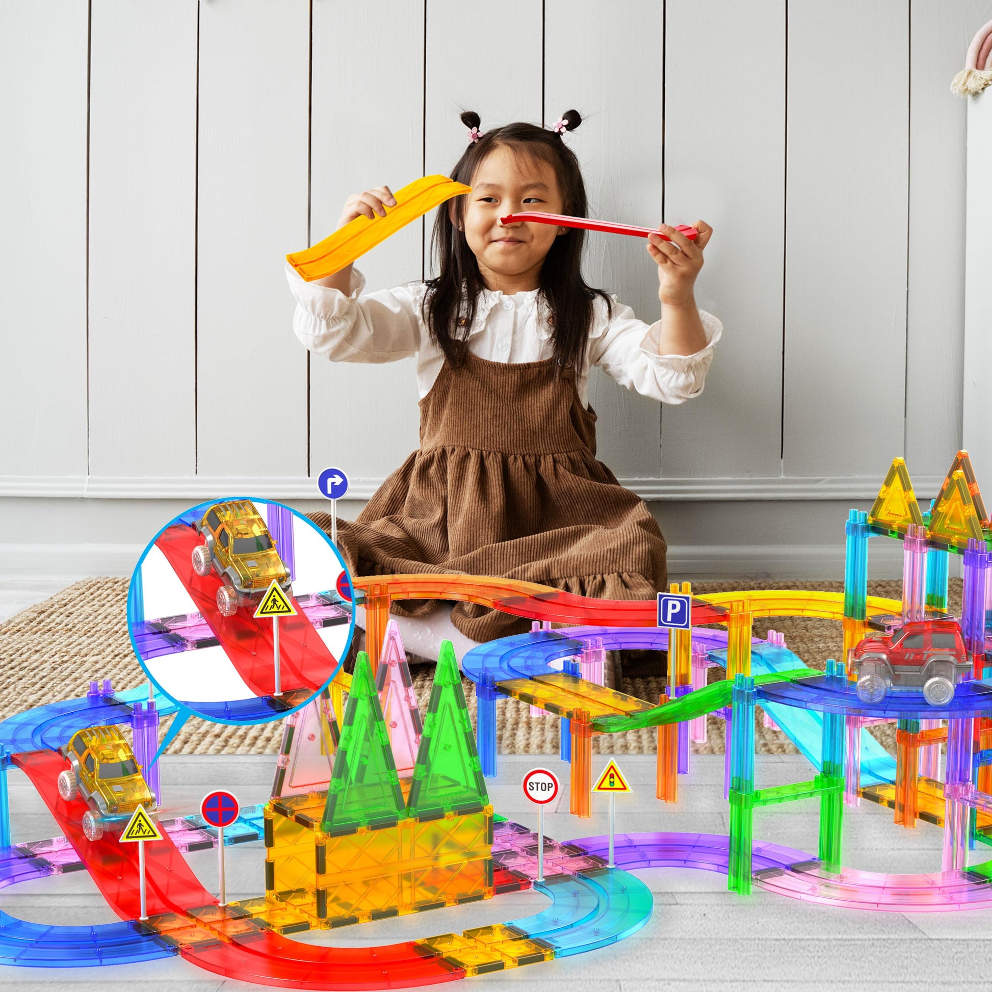 PicassoTiles 6 Piece Magnetic Tiles Race Track Ramp Accessories STEM Building Blocks Toys Magnet Tile Educational Construction Playset Boys Girls