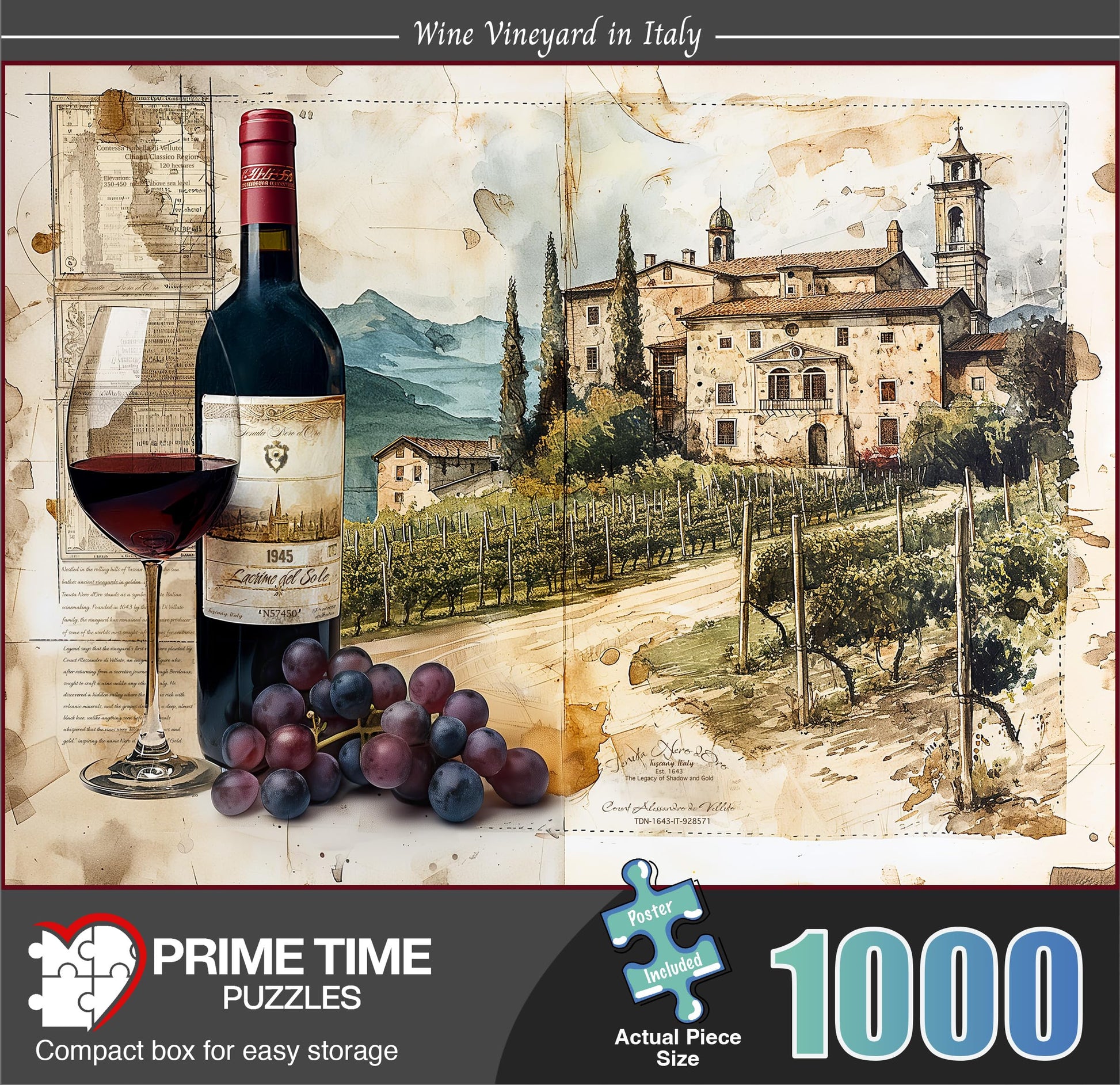 Prime Time Puzzles Adult Jigsaw Puzzle 1000 Piece Tuscany Wine