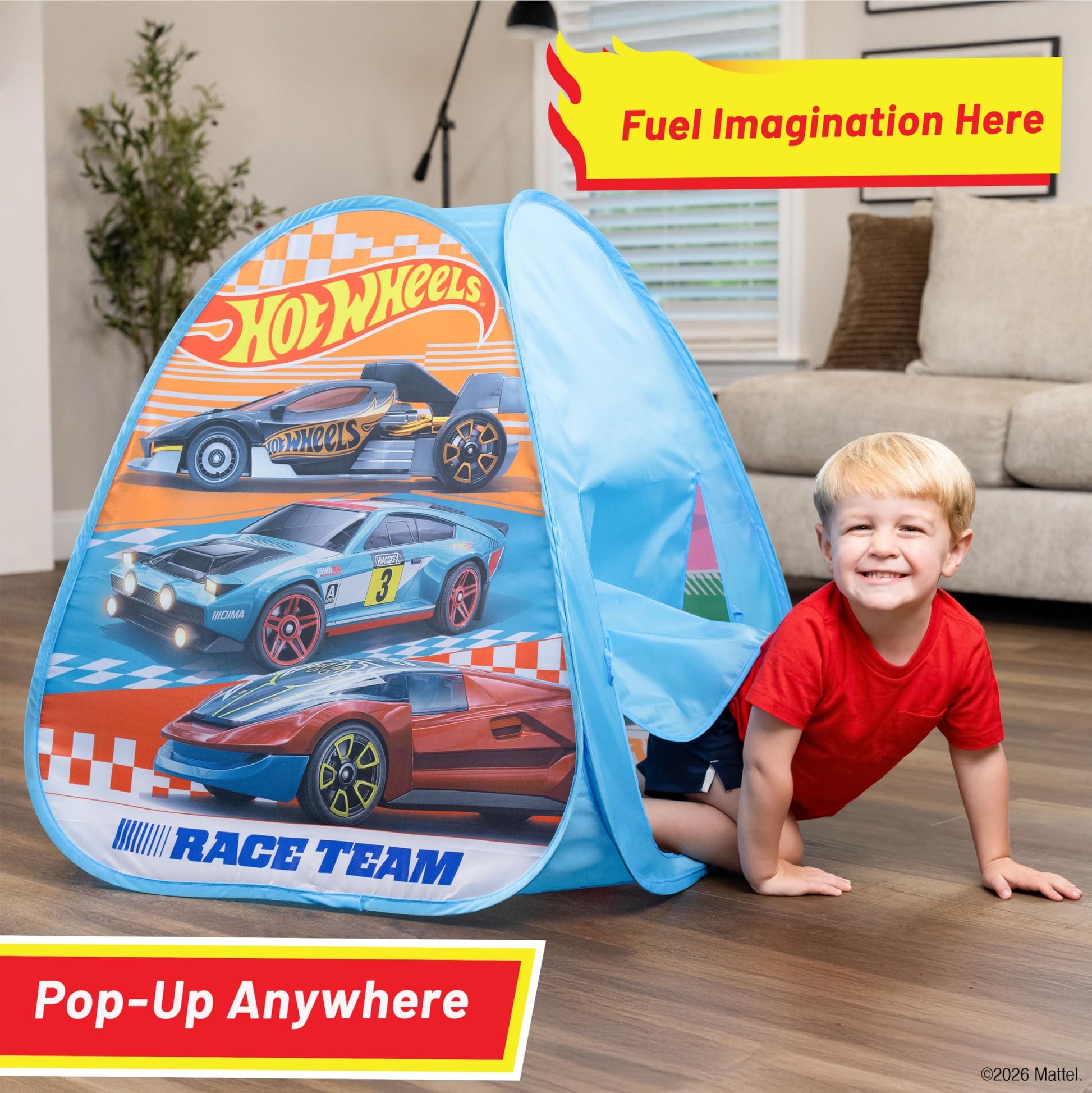 Hot Wheels™ Speed Zone Pop Up Play Tent for Kids - Triangle Indoor Playhouse with Peek Through Window - Easy Setup, Folds Flat for Storage - Safe