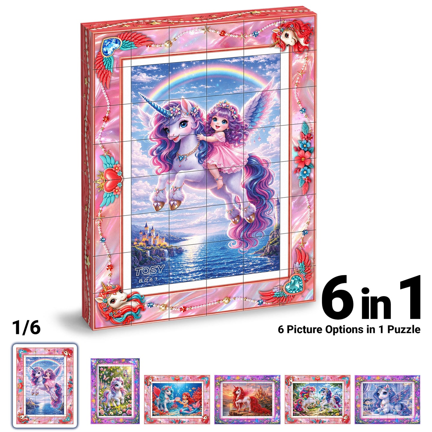 TOSY Picture Cube Fairy Unicorns: 6-in-1 Magnetic Picture Puzzle, 48 Blocks, 288 Puzzle Faces, 0.6 in, B061, Seamless UV Art, Display-Ready Frame