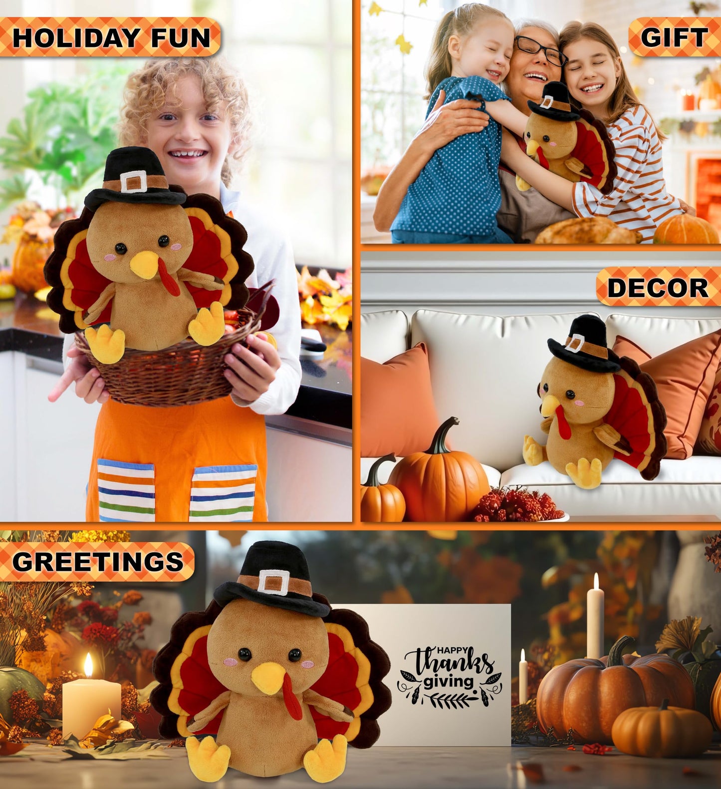 DolliBu Super Soft Pilgrim Turkey Stuffed Animal - Cute Thanksgiving Plush Toy to Give Thanks, Fall Harvest Decor Table Centerpiece - 10 Inches