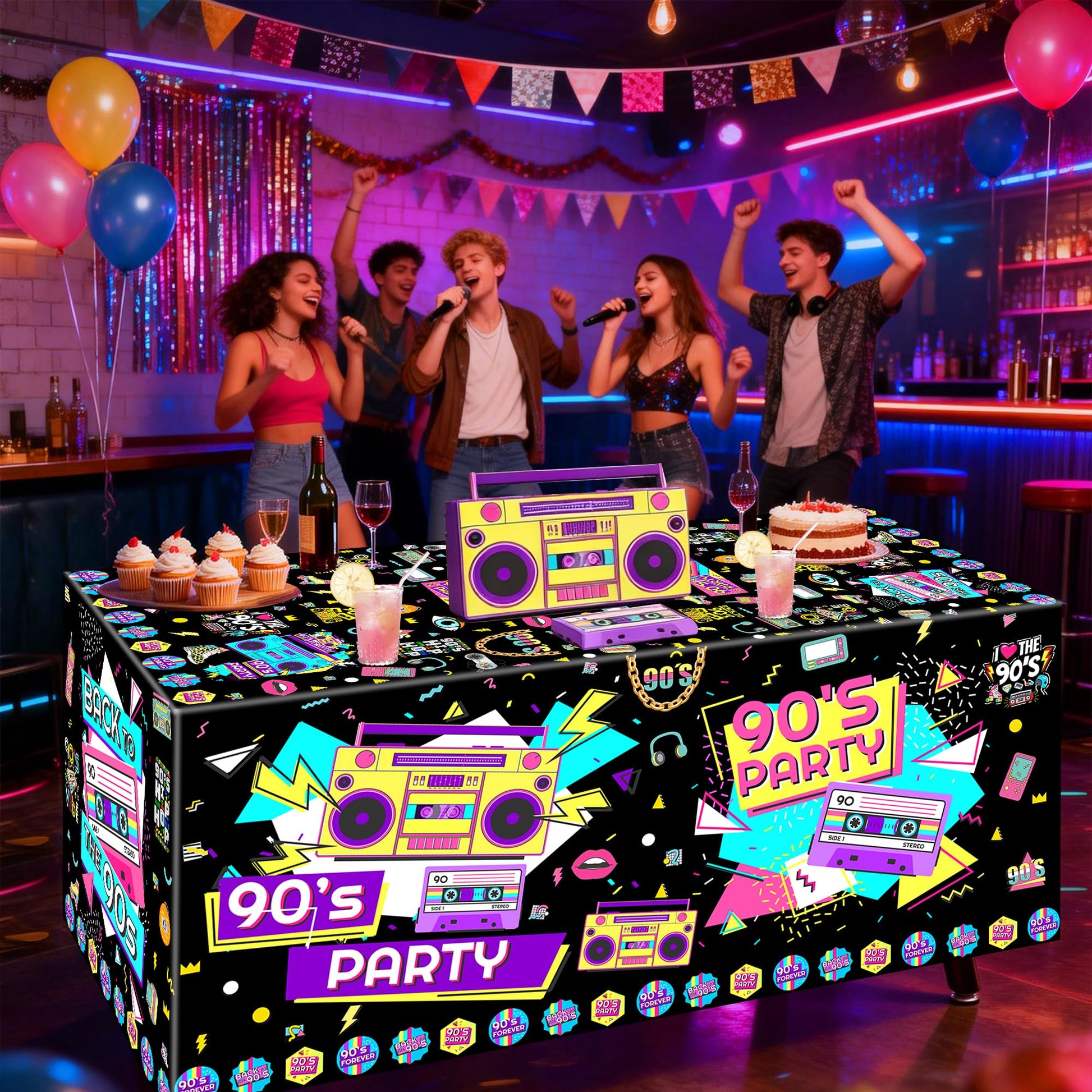 AHLIISSU 6Ft 90’s Party Tablecloth, 72'' x 30'' 1990s Theme Hip Hop Party Birthday Table Cover for ack to 90s Party Decorations Supplies