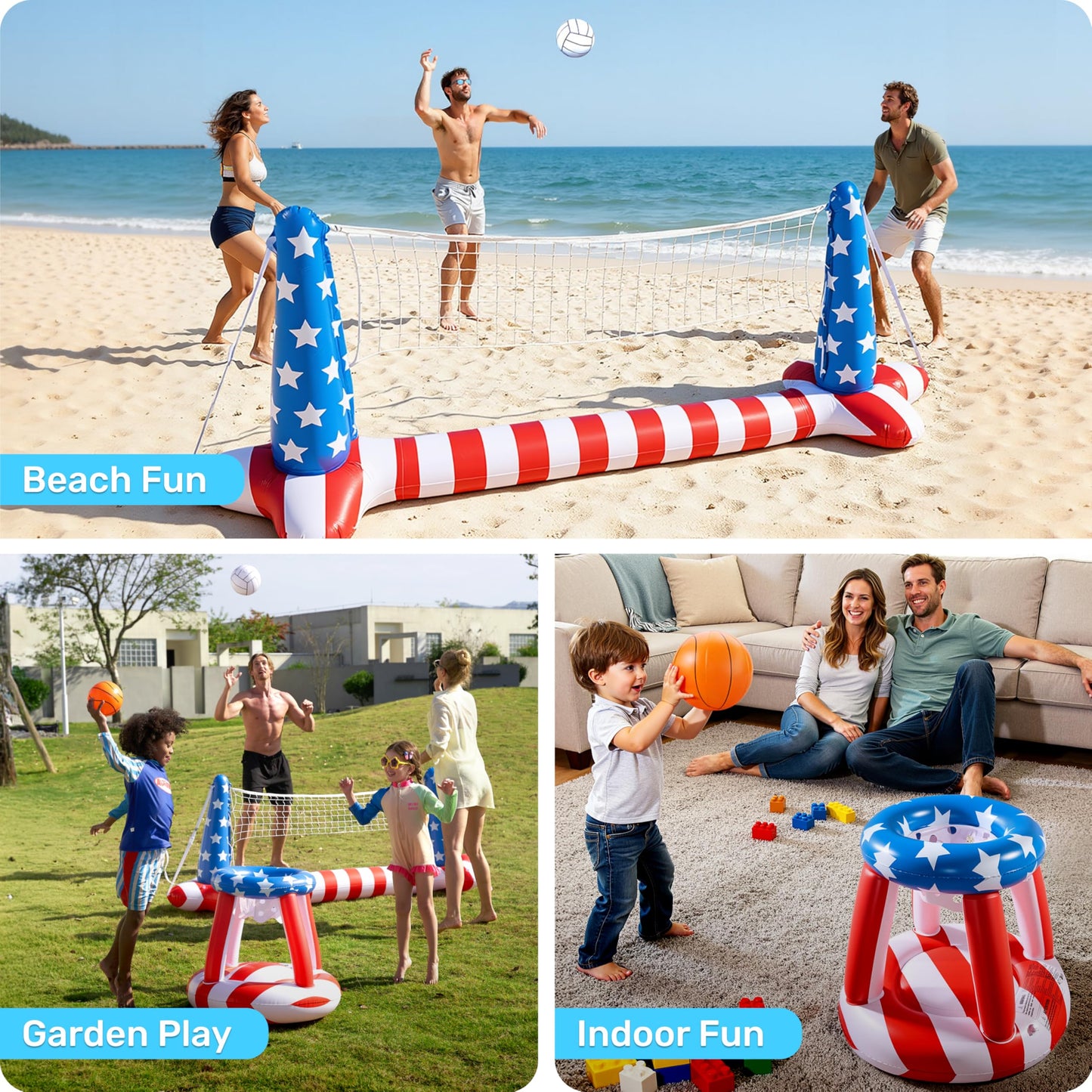 SLOOSH 4th of July Pool Games Set, Inflatable Pool Floats Set American Flag Volleyball Net & Basketball Hoops, Swimming Pool Game Toy for Kids
