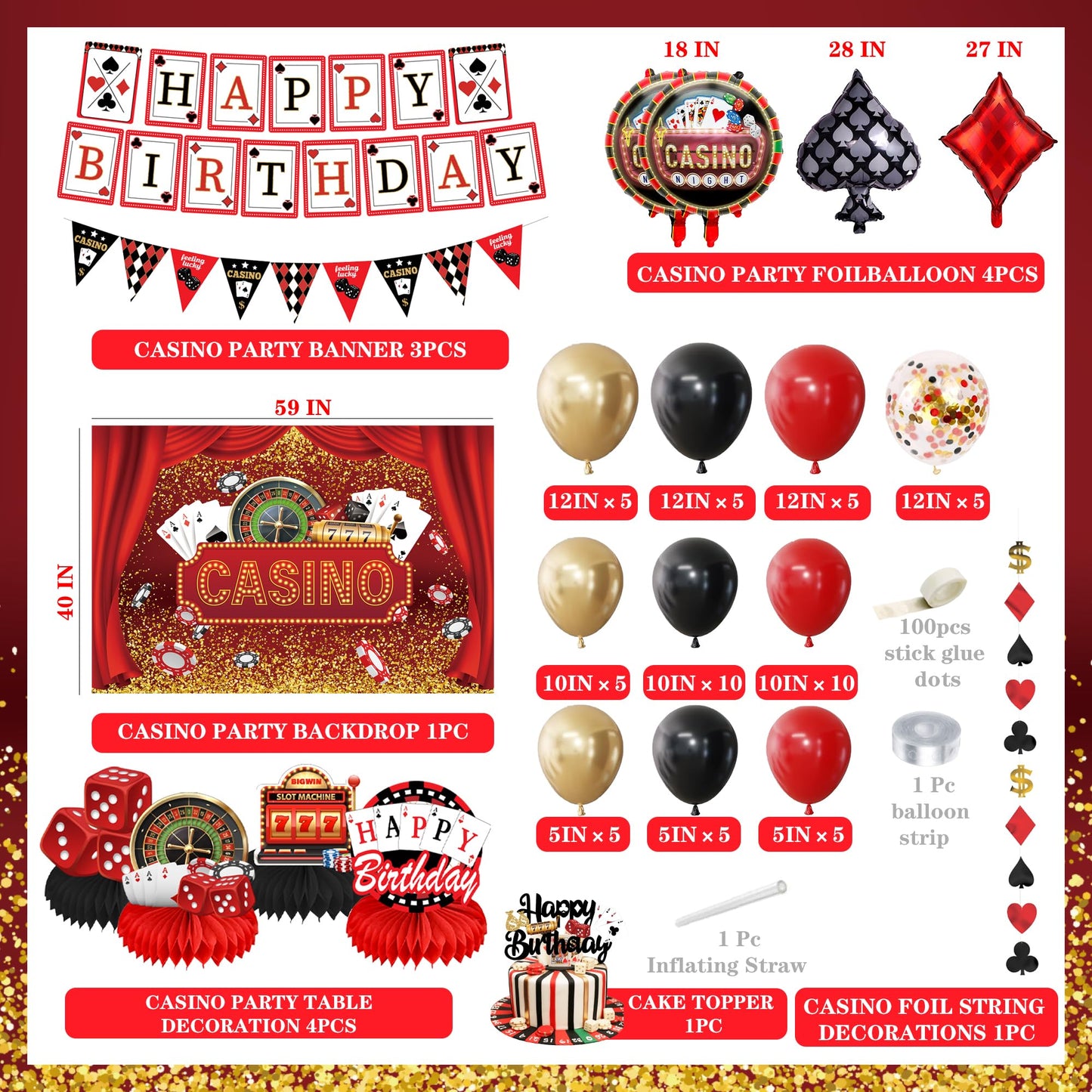 Casino Theme Party Decorations, happy Birthday banner, Las Vegas Party Decorations, casino Backdrop, Casino birthday Honeycomb Centerpieces, casino