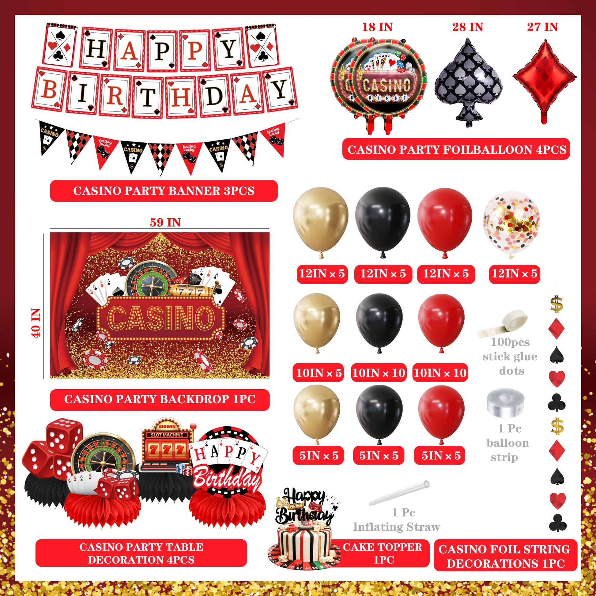 Casino Theme Party Decorations, happy Birthday banner, Las Vegas Party Decorations, casino Backdrop, Casino birthday Honeycomb Centerpieces, casino