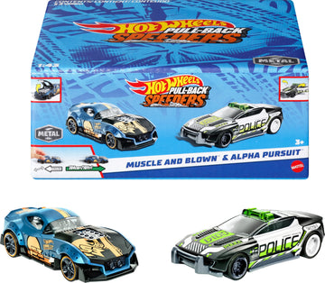 Hot Wheels Pull-Back Speeders Set of 2 Toy Cars in 1:43 Scale, Pull Cars Backward & Release, High-Performance, Collectible, with Rolomatic Engine or