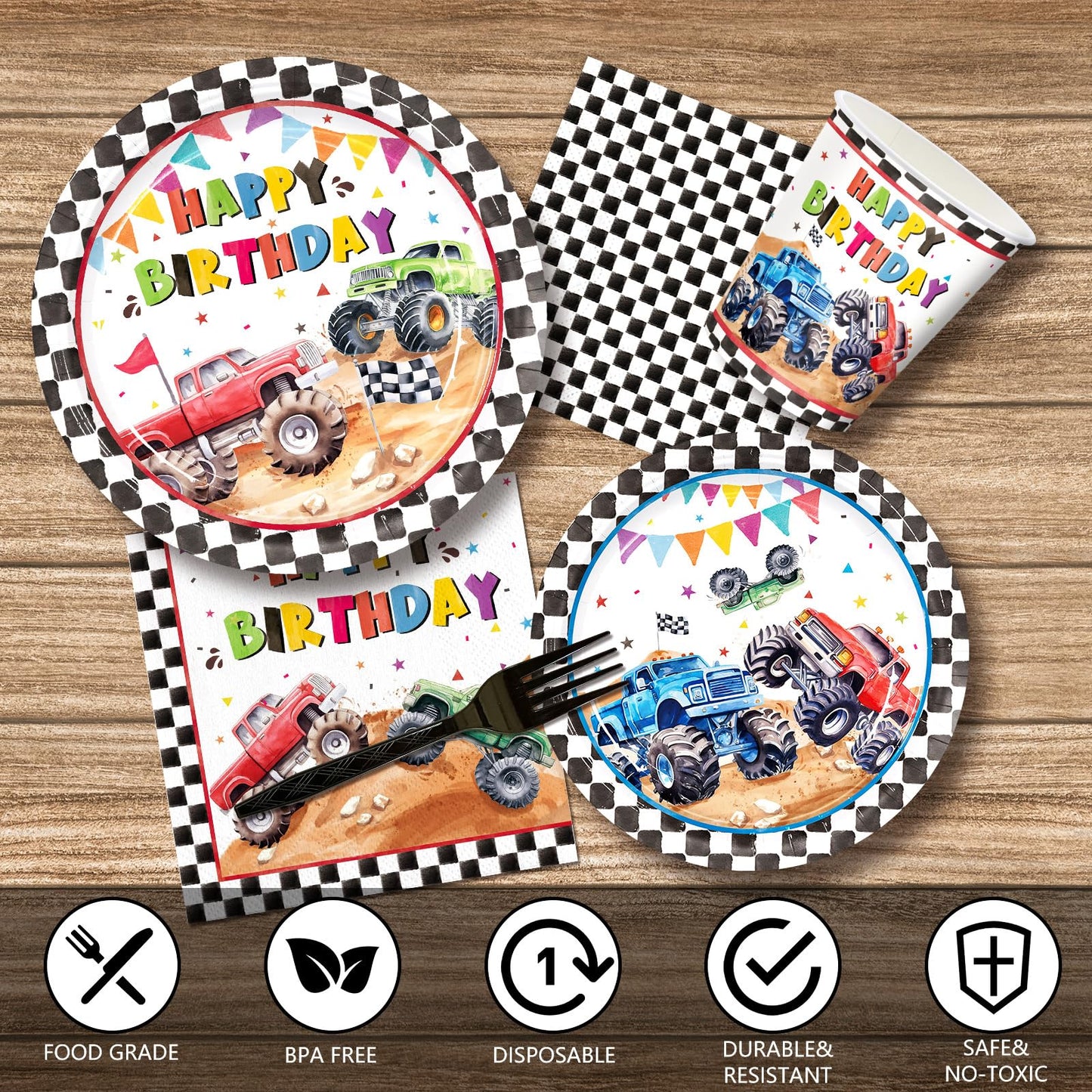 144pcs Monster Truck Birthday Party Decorations Plates Napkins 24 Guests