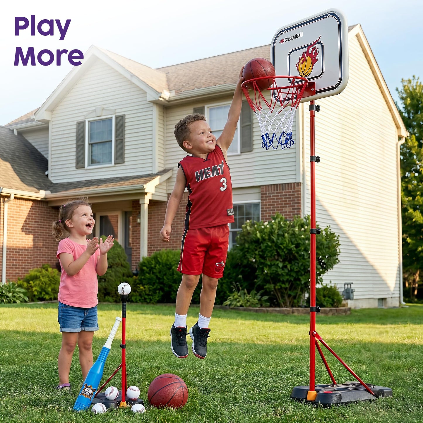 Kids Basketball Hoop Set with T Ball Stand, 4 in 1 Adjustable Kids Sports Toy Indoor Outdoor, Basketball Goal for Kids 2 to 8, Easy Setup, Durable