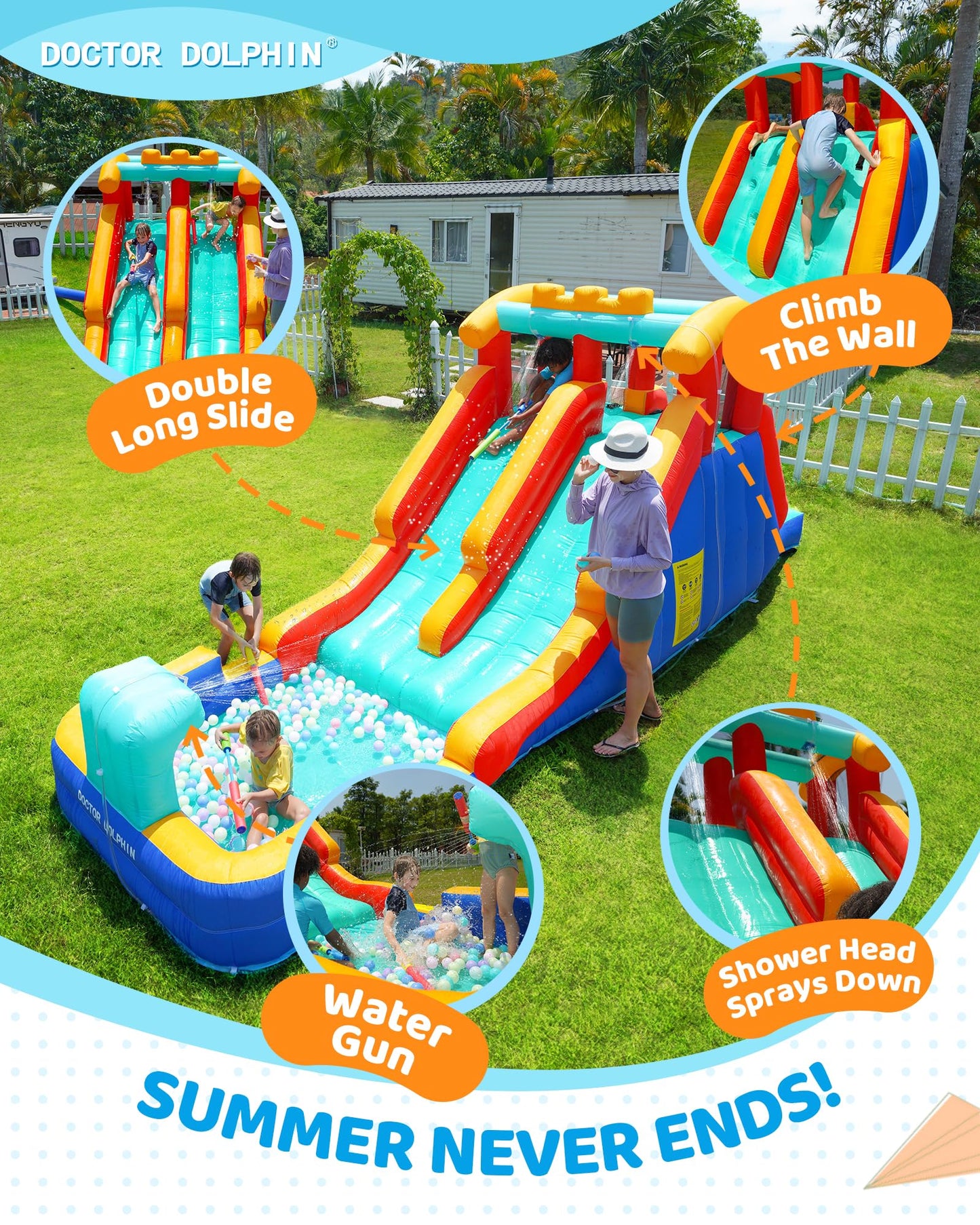 Doctor Dolphin Inflatable Water Slide with Dual Racing Slides, Mega 9-in-1 Water Park for Kids Backyard, Water Bounce House with Climbing Wall