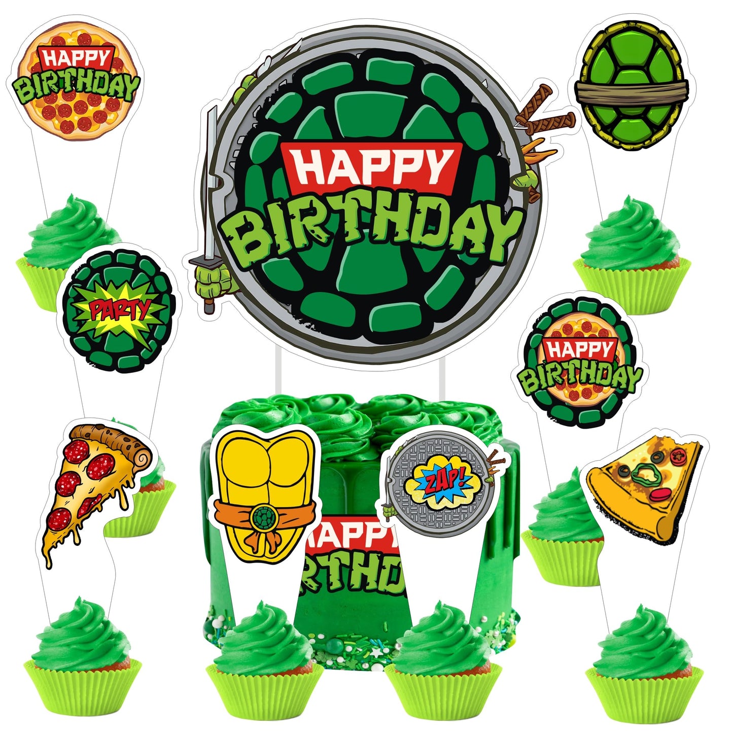 25pcs For Turtles Cartoon Birthday Decorations with 24pcs Cupcake Toppers, 1pcs Cake Topper for Birthday Party Supplies.