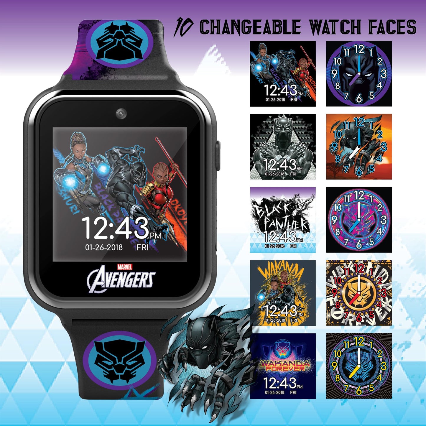 Accutime Kids Marvel Black Panther Black Educational ,Touchscreen Smart Watch Toy for Boys, Girls, Toddlers - Selfie Cam, Learning Games, Alarm
