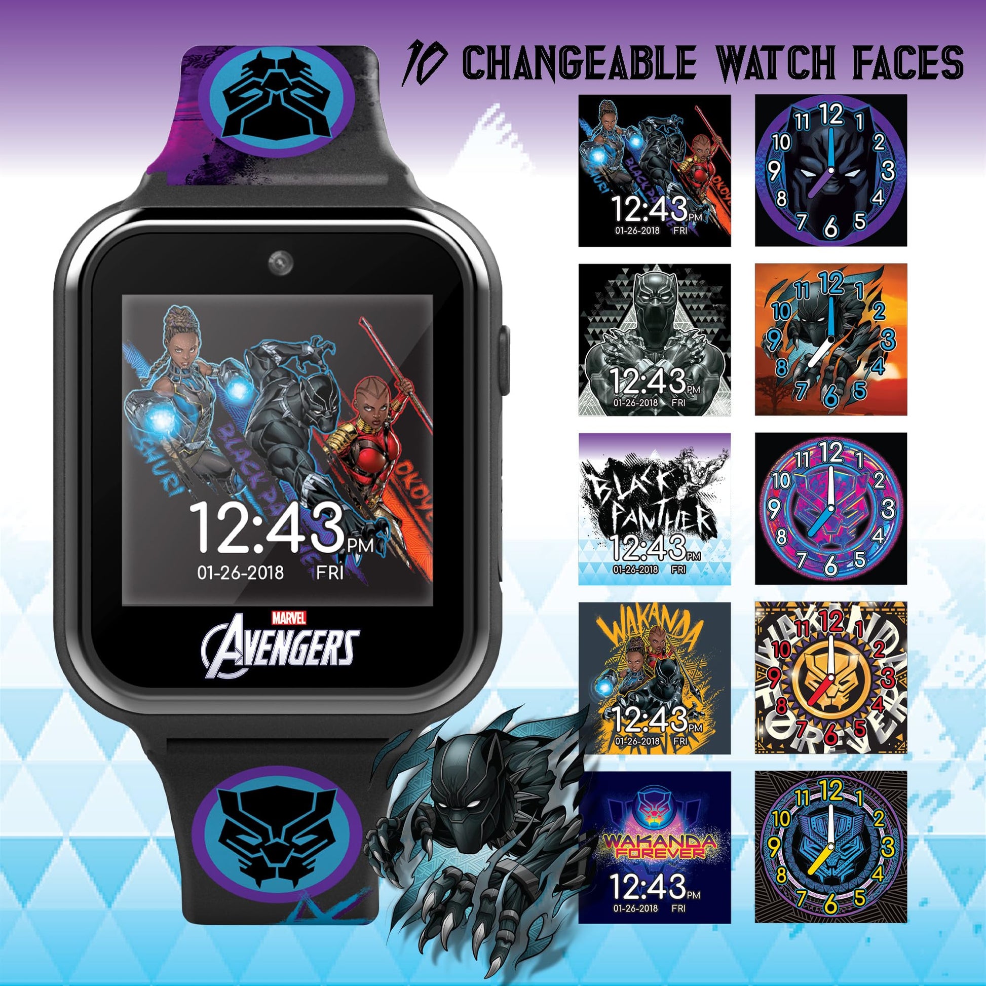 Accutime Kids Marvel Black Panther Black Educational ,Touchscreen Smart Watch Toy for Boys, Girls, Toddlers - Selfie Cam, Learning Games, Alarm