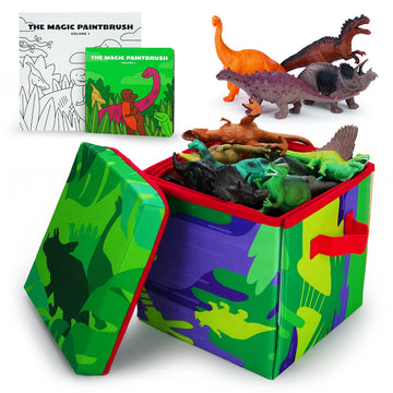 Boley Dino Play Mat and Toy Storage Box - 8 Piece Playset with Foldable Floor Playmat/Storage Box, Plastic Dinosaur Figures, and Dinosaur Books - Kids