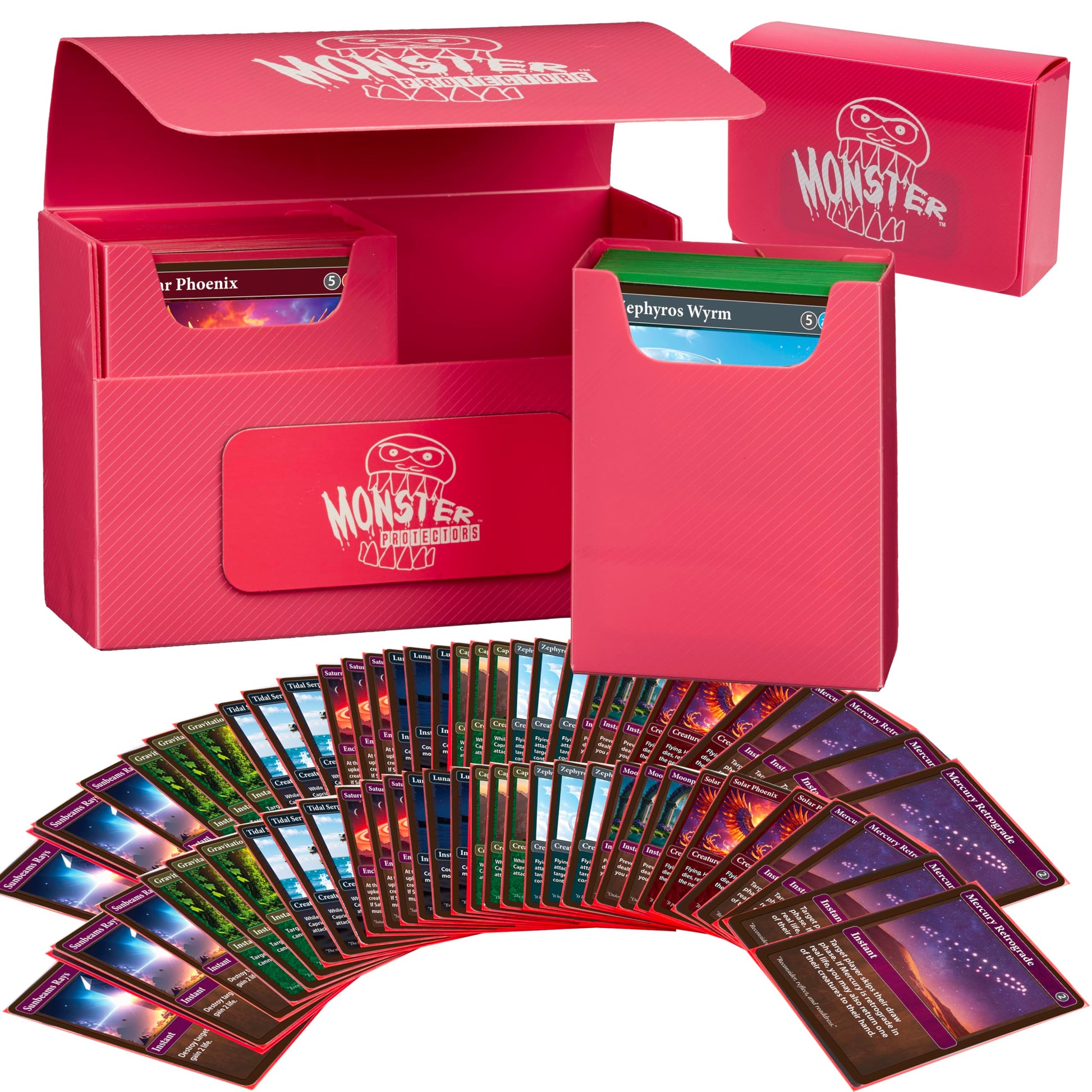 Monster Protectors Magnetic Double Deck Box- Pink, Holds 150 TCG Cards, Self-Locking Closure- Compatible with Pokémon, MTG Magic: The Gathering, &
