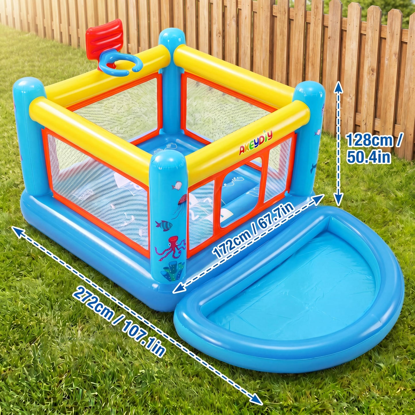 AKEYDIY Bounce House for Kids 3-6, Small Inflatable Bounce House PVC with Basketball Hoop & Hopscotch Game for Indoor/Outdoor Play (Small Bounce House