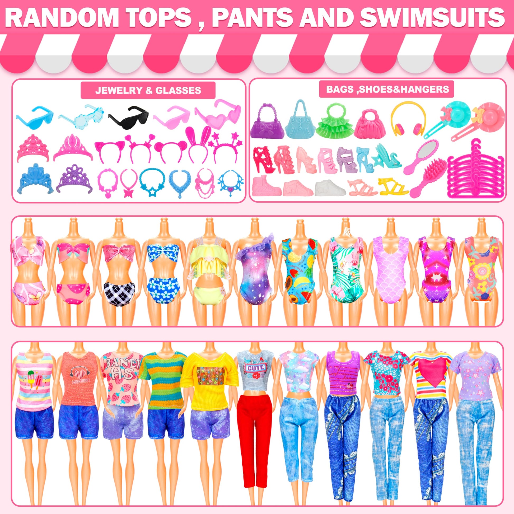 195 Pcs Doll Clothes and Accessories Kit, Include Princess Gowns, Fashion Skirt, Slip Dresses, Tops, Pants, Bikini Swimsuits, Shoes, Crowns