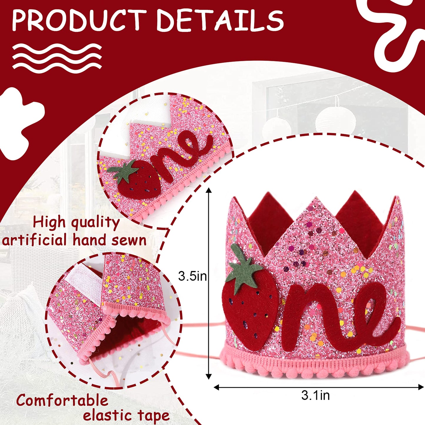 MADENG Pink Strawberry Hat/Crown - First Birthday Decoration, Berry Sweet Cake Smash Prop, Party Supplies Backdrop for Baby Girl
