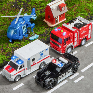 JOYIN 4 Packs Emergency Vehicle Toy Playsets, Friction Powered Vehicles with Light and Sound, Including Fire Truck, Ambulance, Play Police Car