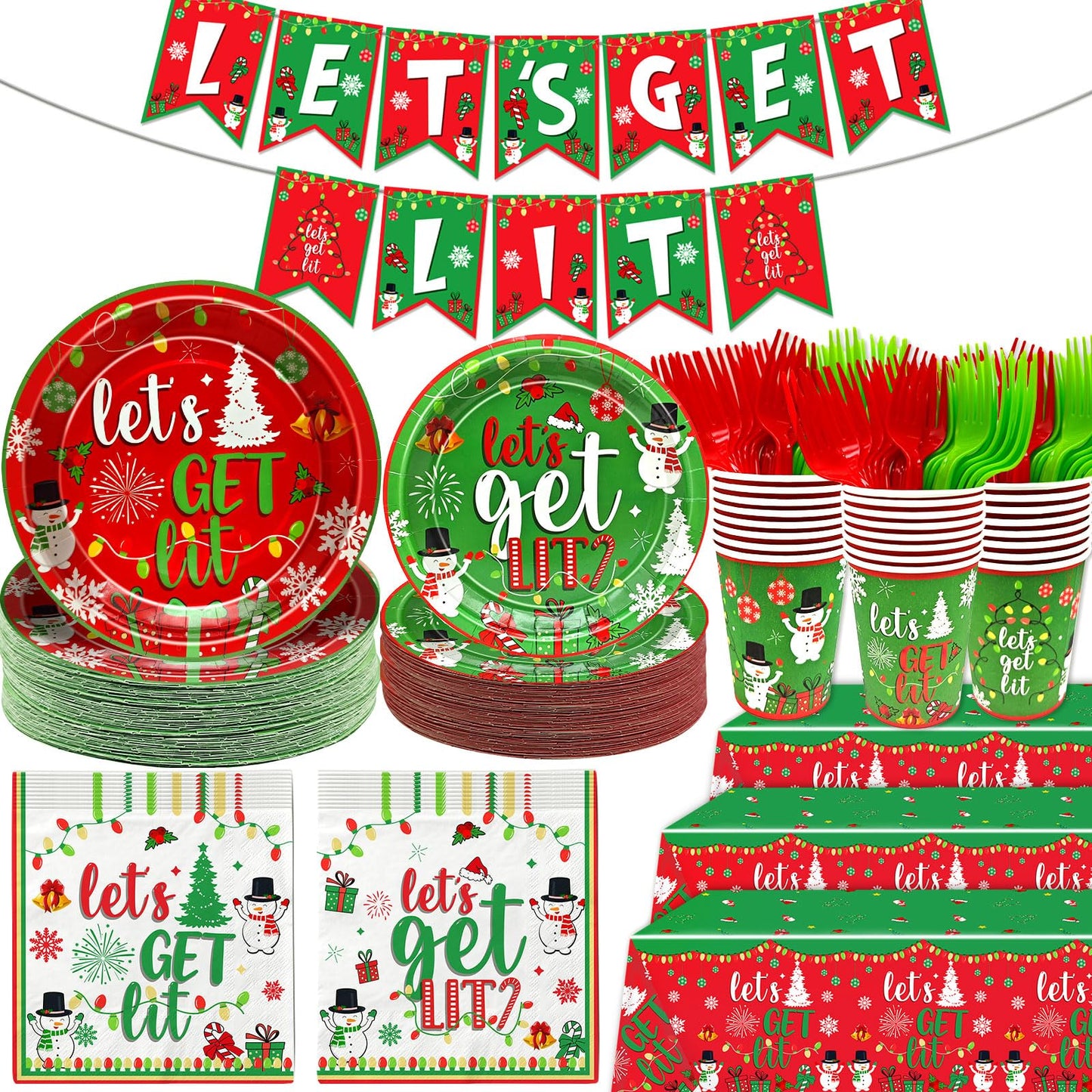 122 Pcs Let's Get Lit Christmas Party Decorations Christmas Party Supplies Tableware Set Let's Get Lit Plates and Napkins Tableware for Friendsmas