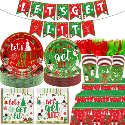 122 Pcs Let's Get Lit Christmas Party Decorations Christmas Party Supplies Tableware Set Let's Get Lit Plates and Napkins Tableware for Friendsmas