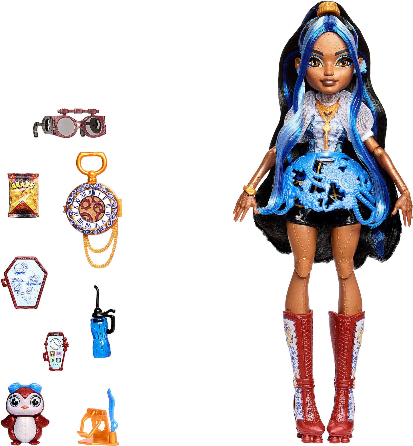 Monster High Doll, Robecca Steam in Blue Blouse and Black Shorts with Pet Penguin Captain Penny and 7 Accessories Like Flying Goggles and Purse