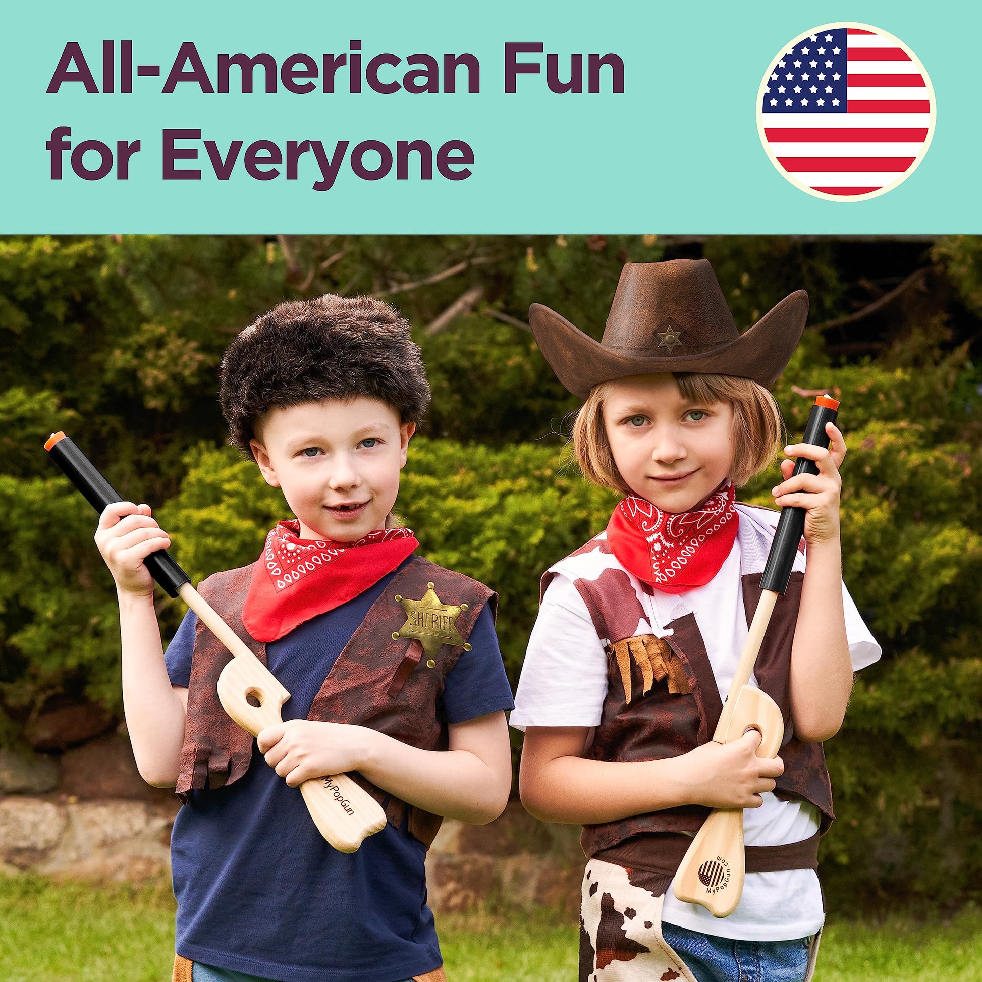 Black Toy Pop Gun for Kids - Wooden Toy Guns for Boys 3-12, Fake Gun