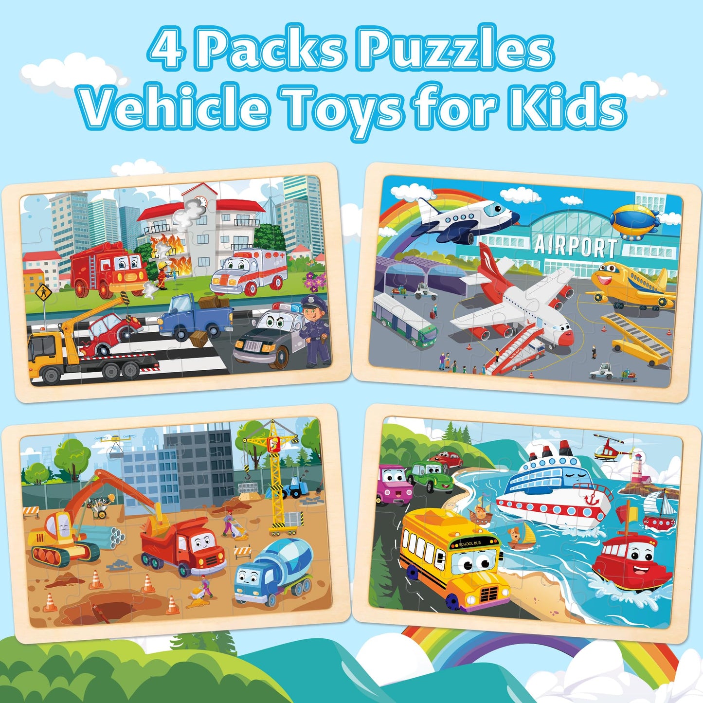 Wooden Puzzles for Kids Ages 3-5, 4 Packs Puzzles for Kids Ages 4-6,Vehicle