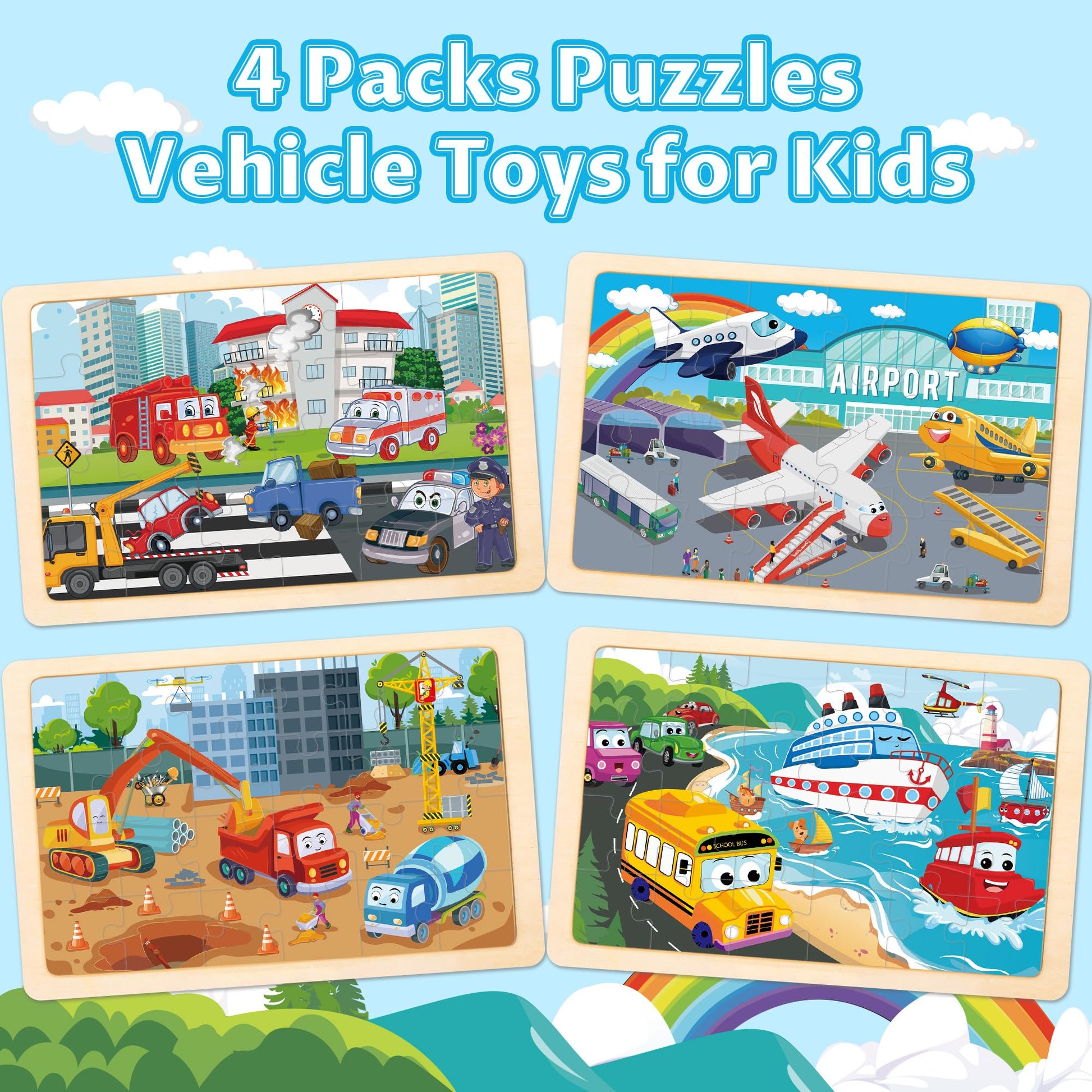 Wooden Puzzles for Kids Ages 3-5, 4 Packs Puzzles for Kids Ages 4-6,Vehicle